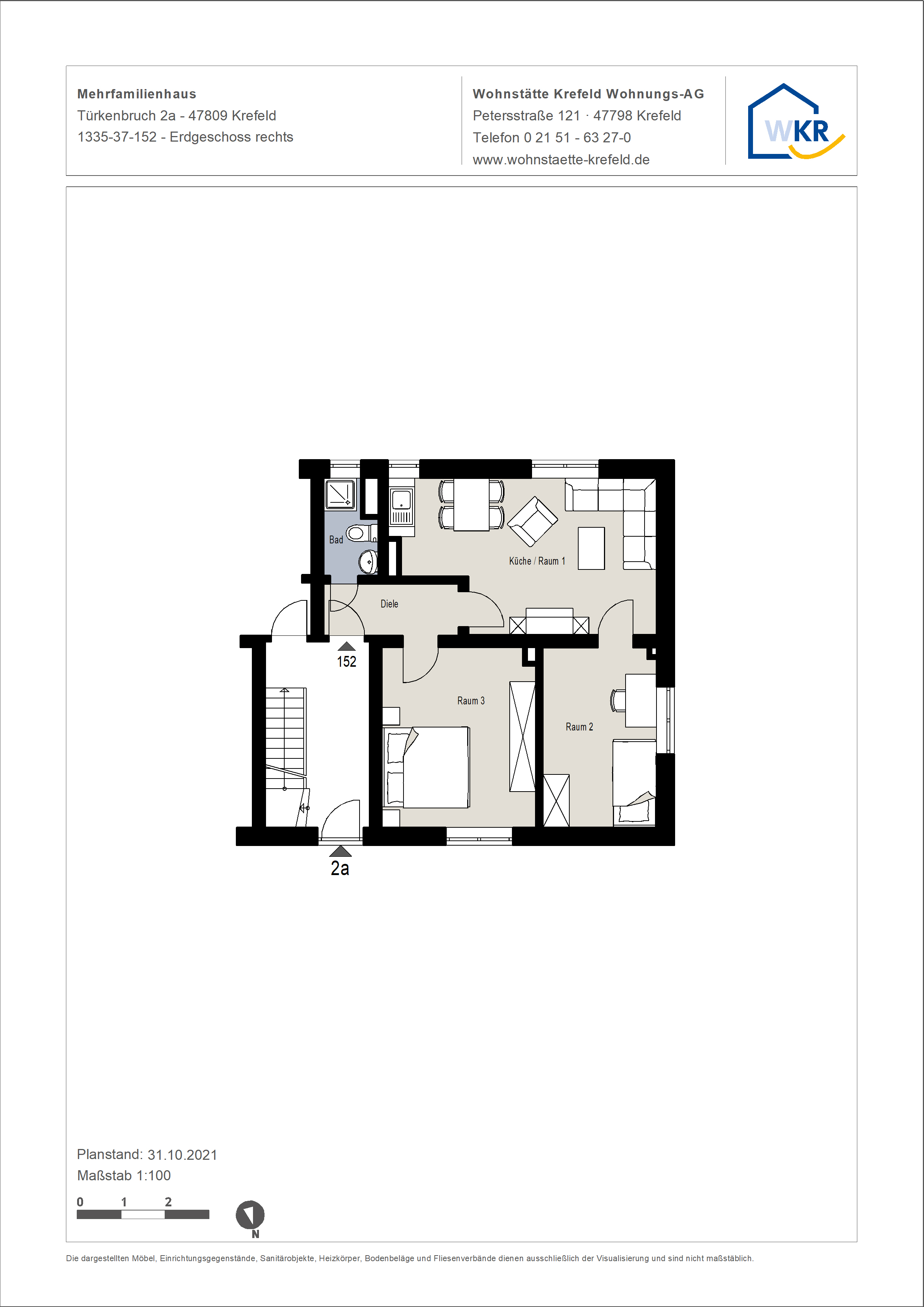 Grundriss-0-Gemütliche kleine 3-Zimmer-Wohnung im Grünen von Krefeld-Limm