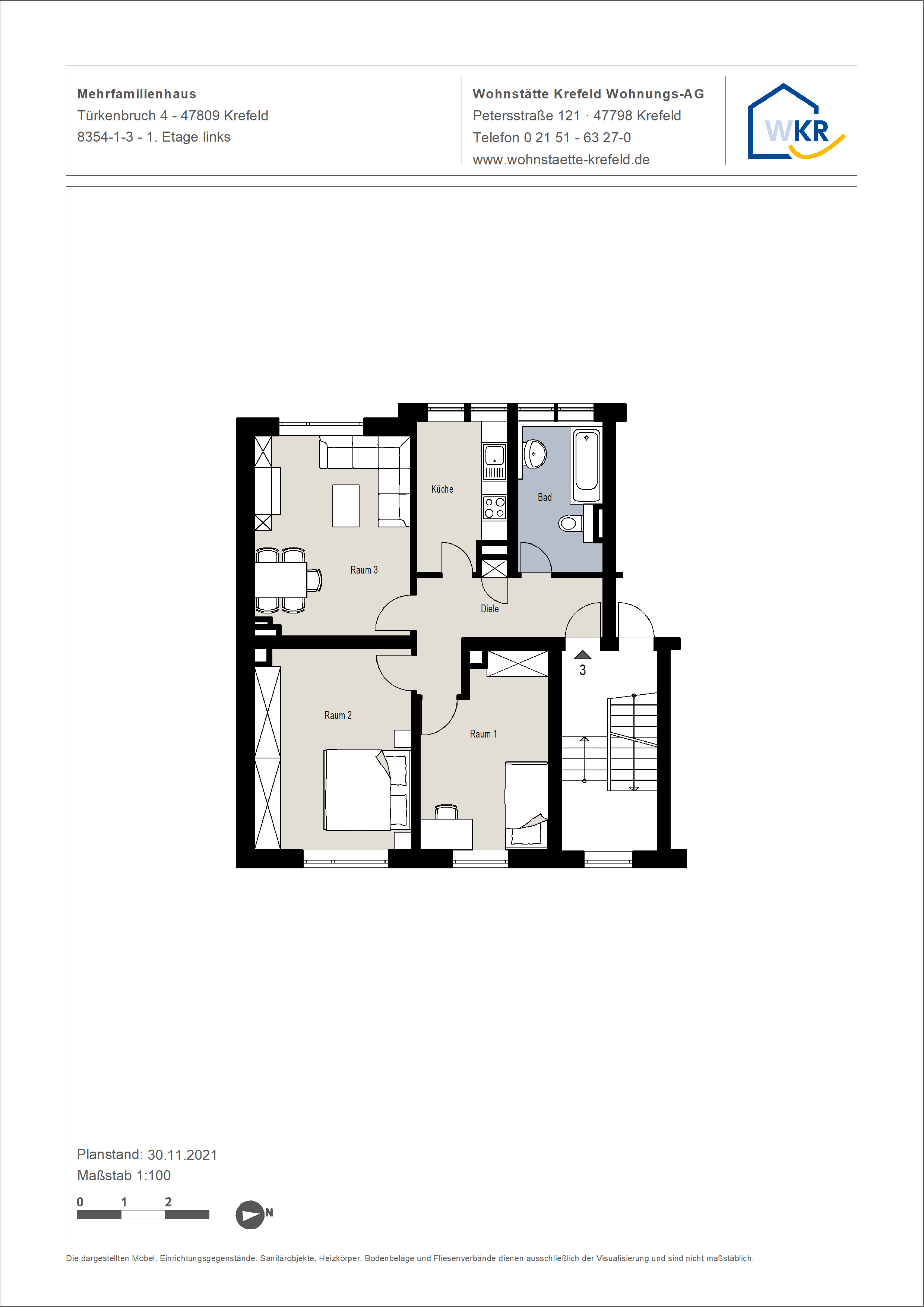 Grundriss-0-Schöne 3-Zimmer-Wohnung ohne Balkon im Grünen in Krefeld-Linn